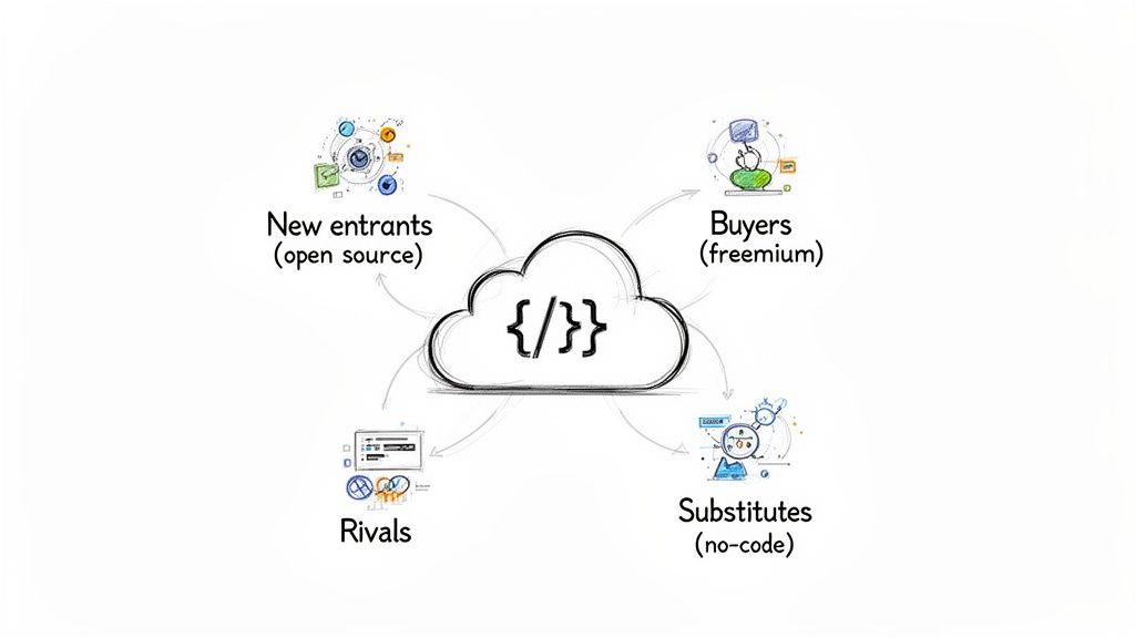 Illustration of competitive forces in software: new entrants, buyers, substitutes, and rivals around a cloud.