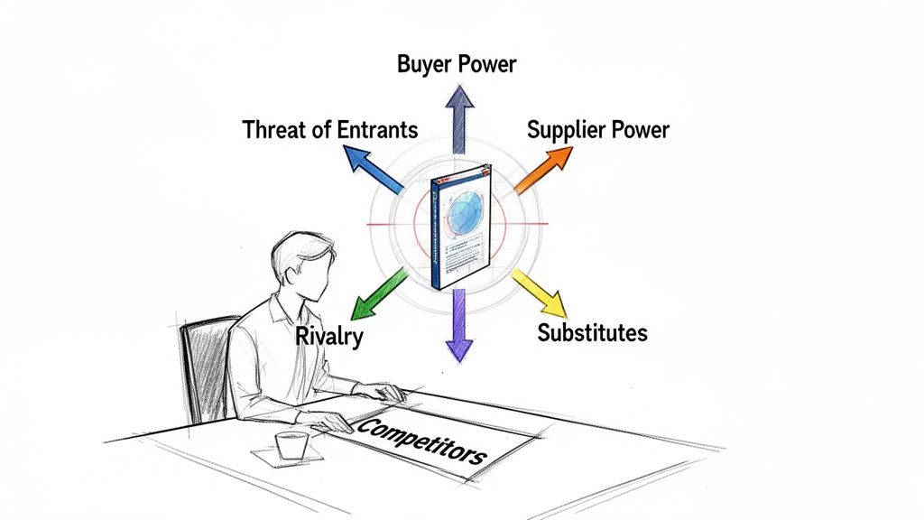 A person studies Porter's Five Forces analysis model, examining buyer power, supplier power, rivalry, new entrants, and substitutes.