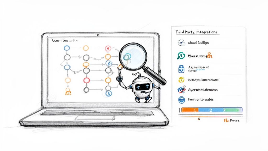 Digital illustration of a robot examining a user flow on a laptop with integration details.
