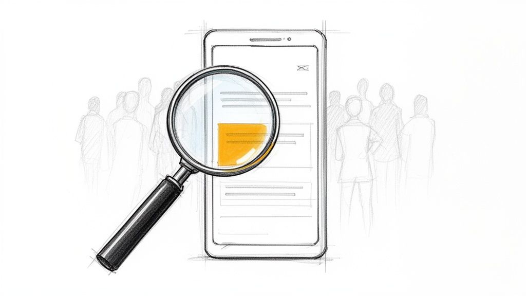 Sketch of a magnifying glass over a smartphone screen with highlighted text, a crowd in the background.