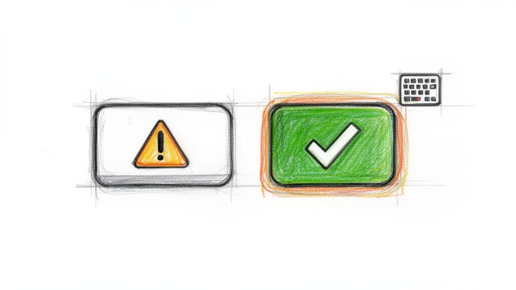 Hand-drawn sketch of two project status icons: a warning sign and a green checkmark.
