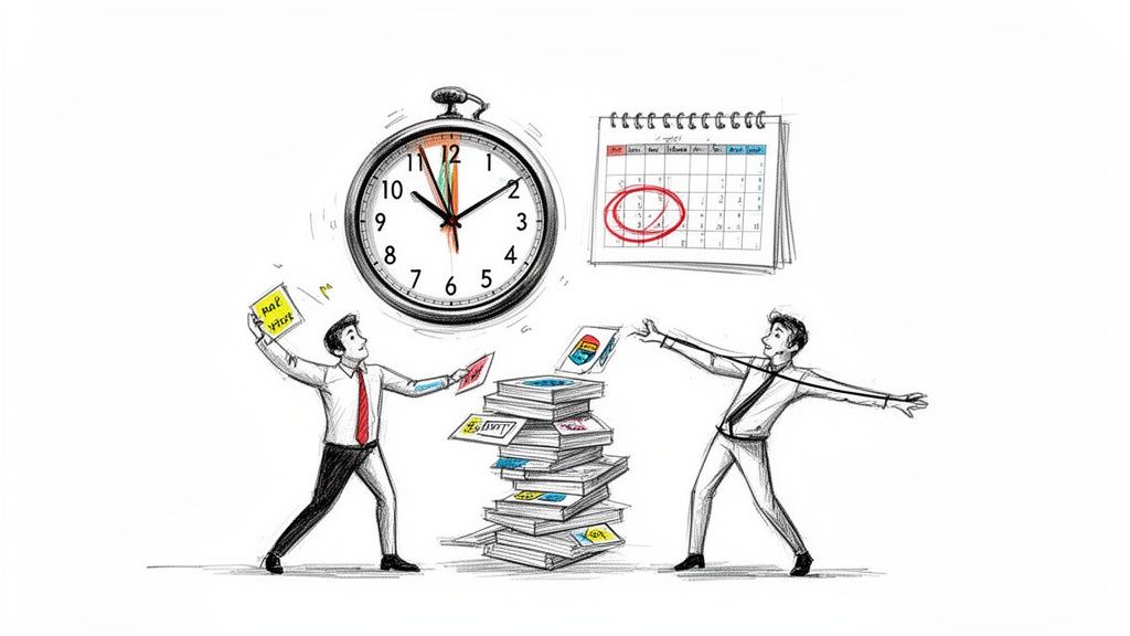 Two men managing a heavy workload under time pressure with a large clock and calendar.