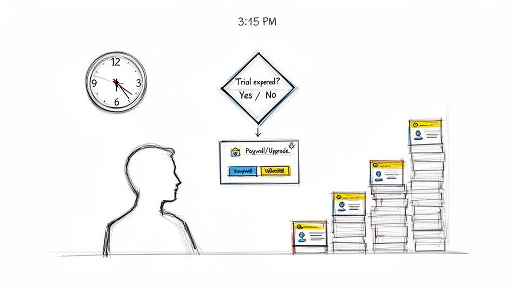 Whiteboard sketch illustrating a 'Trial expired?' flowchart decision, a paywall screen, and user progress stacks.