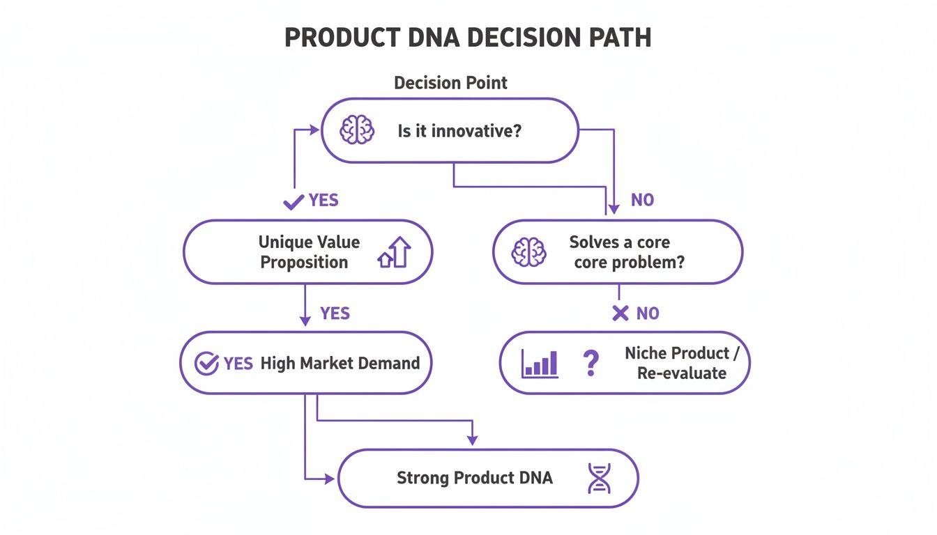 Flowchart illustrating a product DNA decision path based on innovation, value, and market demand.