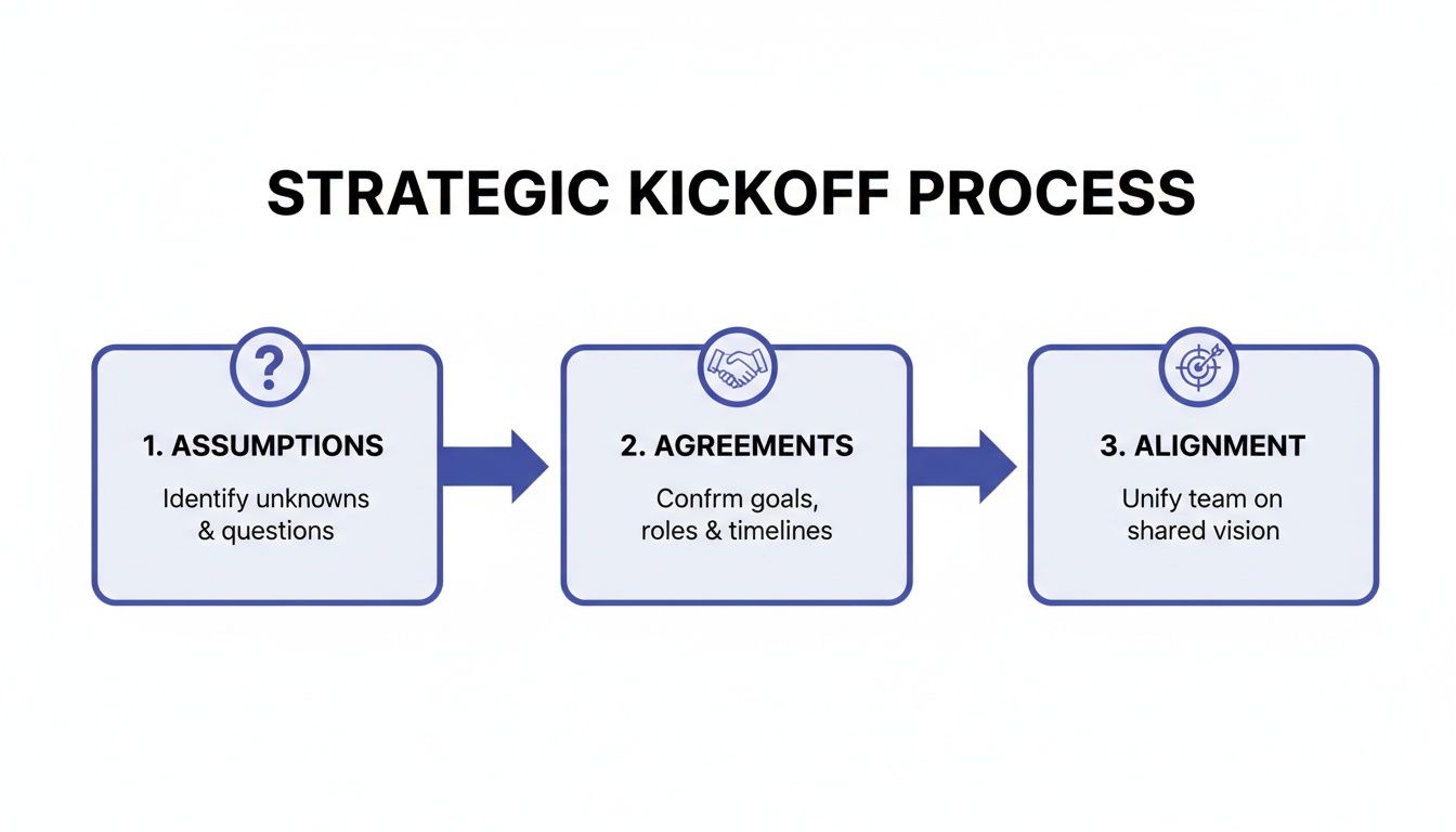 A three-step strategic kickoff process diagram outlining Assumptions, Agreements, and Alignment for team unity.