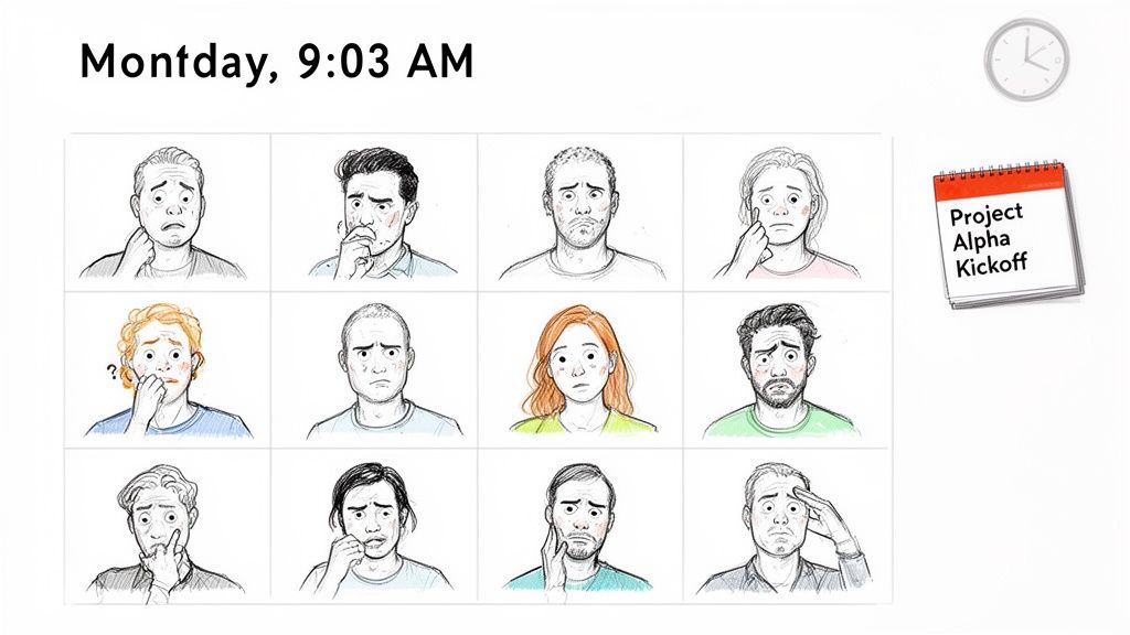 Illustrations of 12 anxious people's faces, a clock, and a 'Project Alpha Kickoff' agenda.