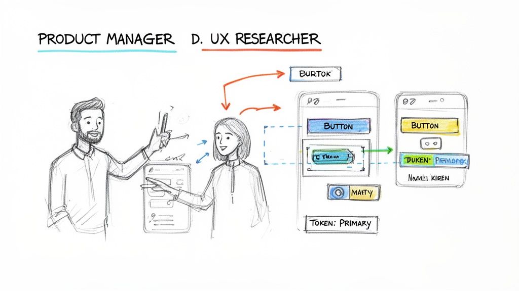A product manager and UX researcher collaborate on app designs, discussing UI elements and user flows.