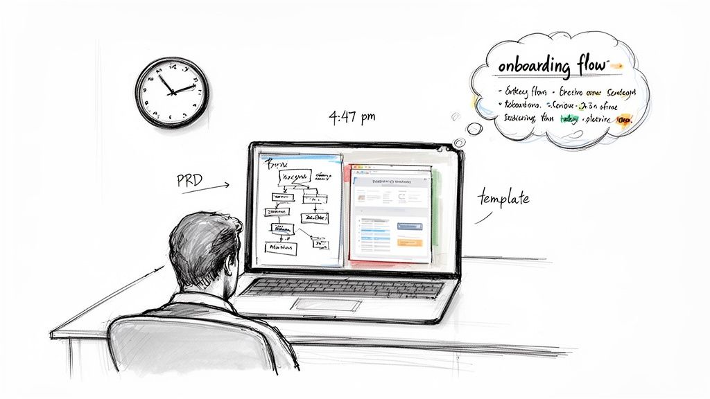 A person works on a laptop showing a PRD and template, thinking about an onboarding flow at 4:47 pm.