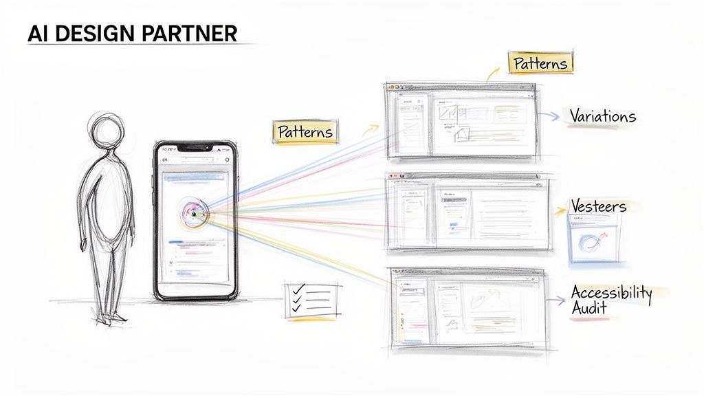 An AI design partner assists a user, generating design patterns, variations, and accessibility audits from a smartphone.