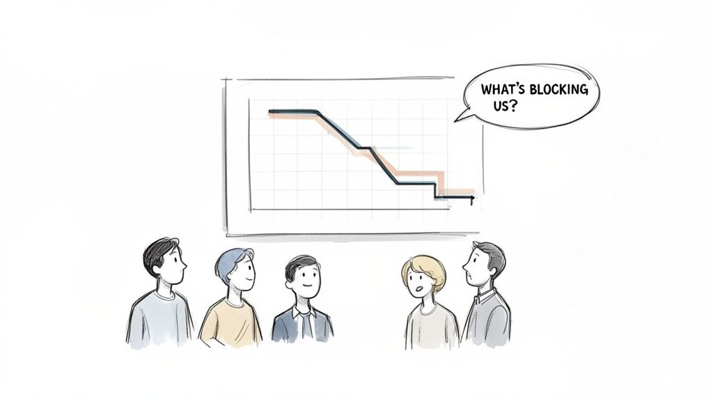 A team of five people discusses a burndown chart on a whiteboard, asking what's blocking their progress.