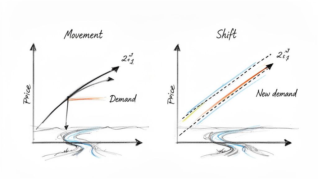 A pair of economics graphs comparing demand curve movement due to price change with a demand curve shift.