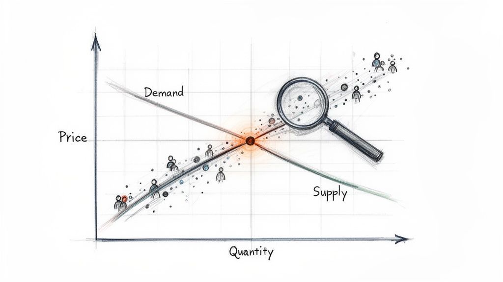 Hand-drawn graph illustrating supply and demand curves intersecting at market equilibrium, with a magnifying glass examining the focal point.