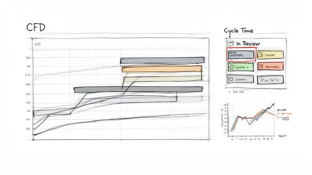 Hand-drawn sketch of agile software development metrics, including CFD, Cycle Time, and a trend graph.