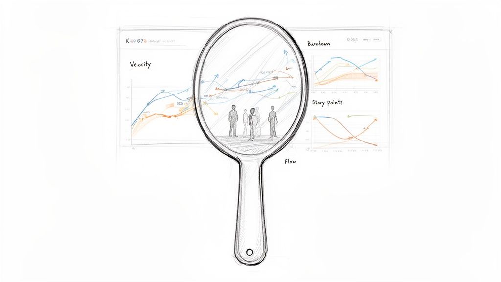 A hand mirror reflecting three people, surrounded by agile charts for velocity, burndown, and flow.