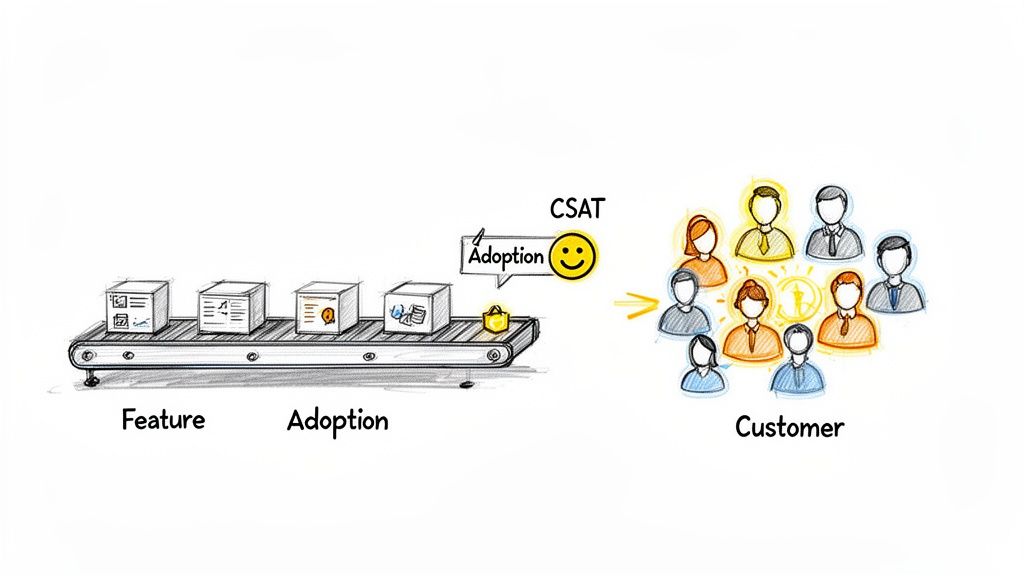 Diagram illustrating software features on a conveyor belt, leading to customer adoption and satisfaction.