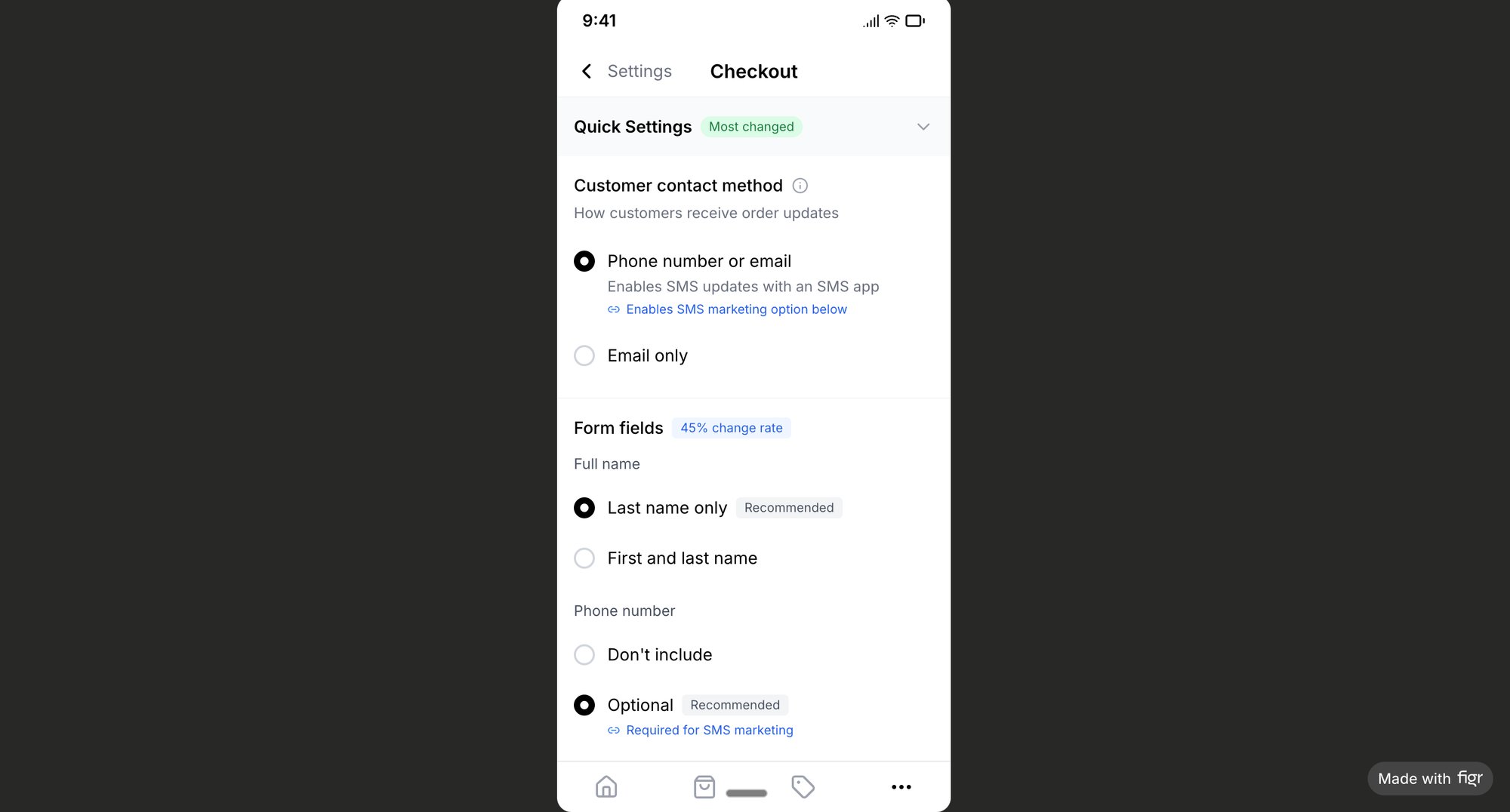 A mobile app checkout settings screen displaying customer contact and form field configuration options.