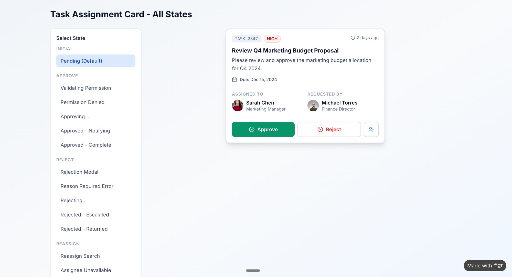 A user interface showing a task assignment card with workflow states like pending, approve, and reject actions.