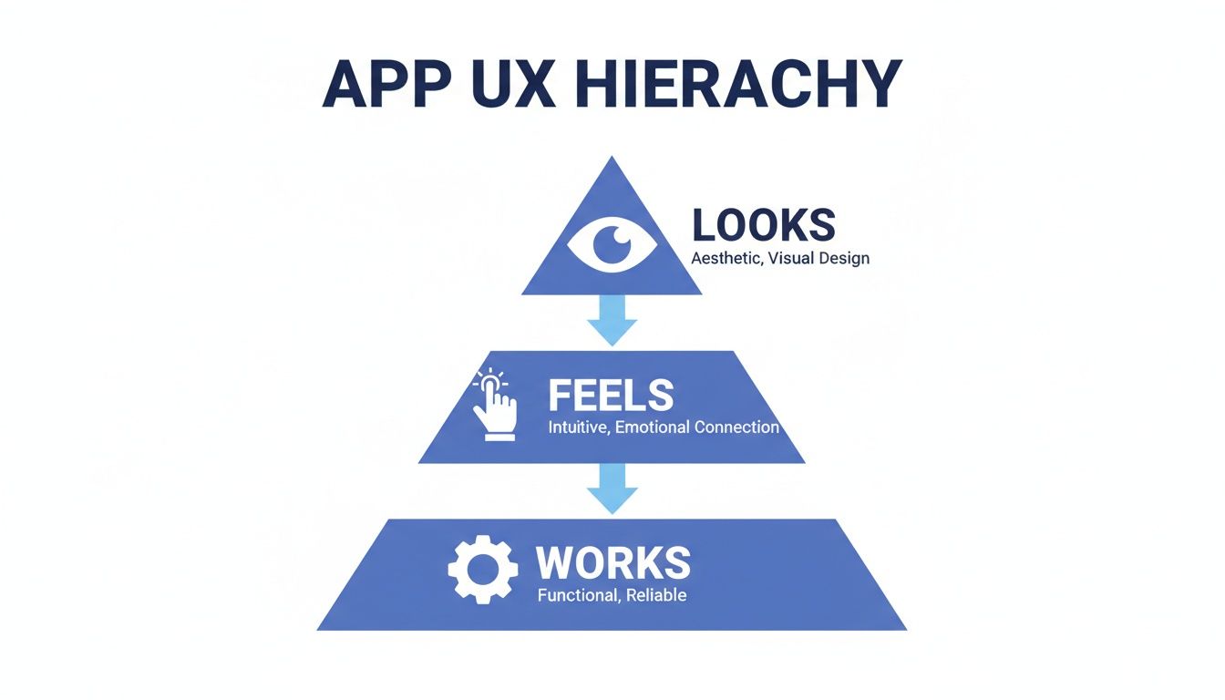 An app UX hierarchy pyramid illustrating the order of user experience from functional 'Works' to aesthetic 'Looks'.