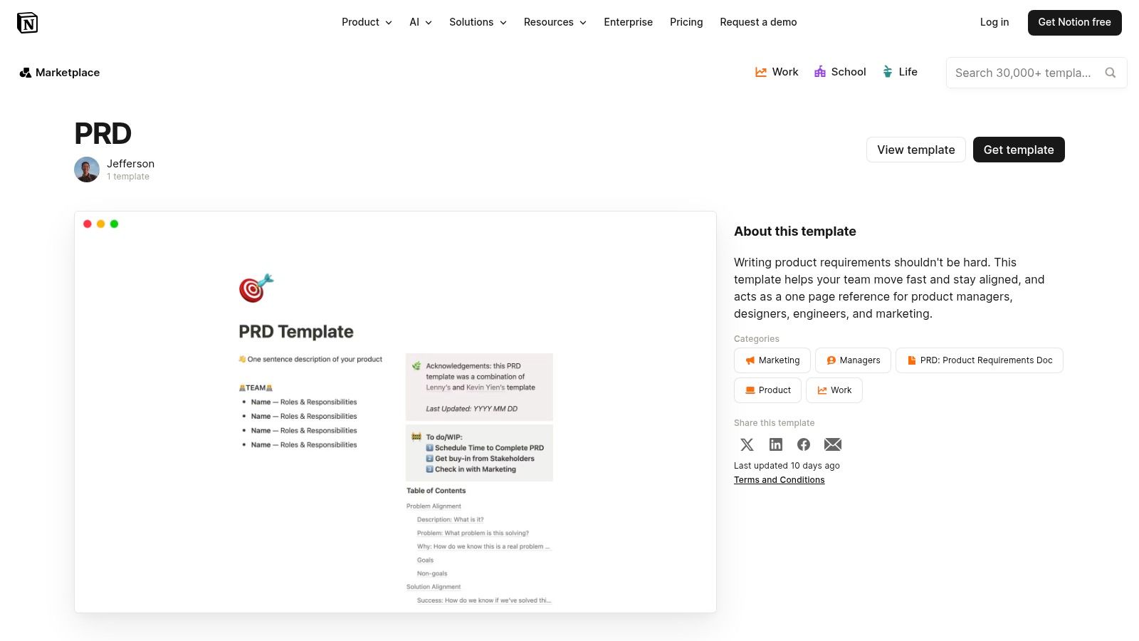 Notion – PRD template (Template Gallery)