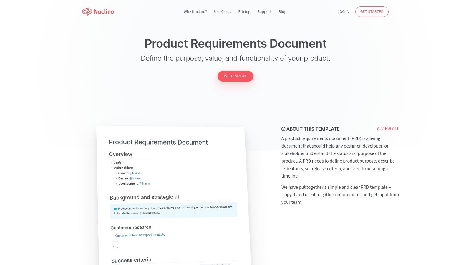 Nuclino – Product Requirements Document template