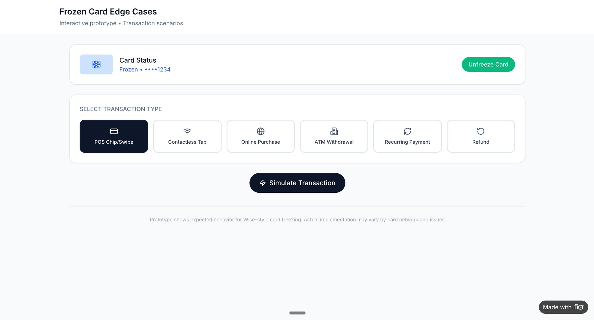 A user interface showing frozen card status and options to simulate different payment transaction types.