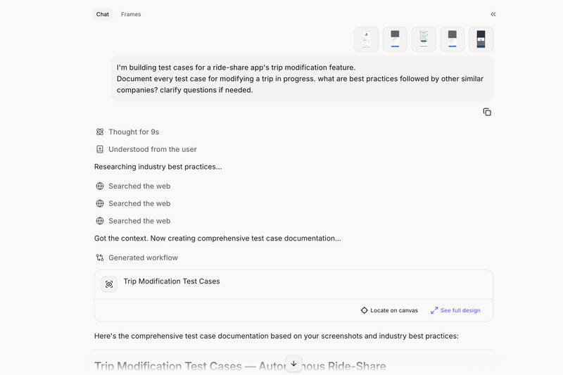 Figr interface showing a generated trip-modification test-case workflow
