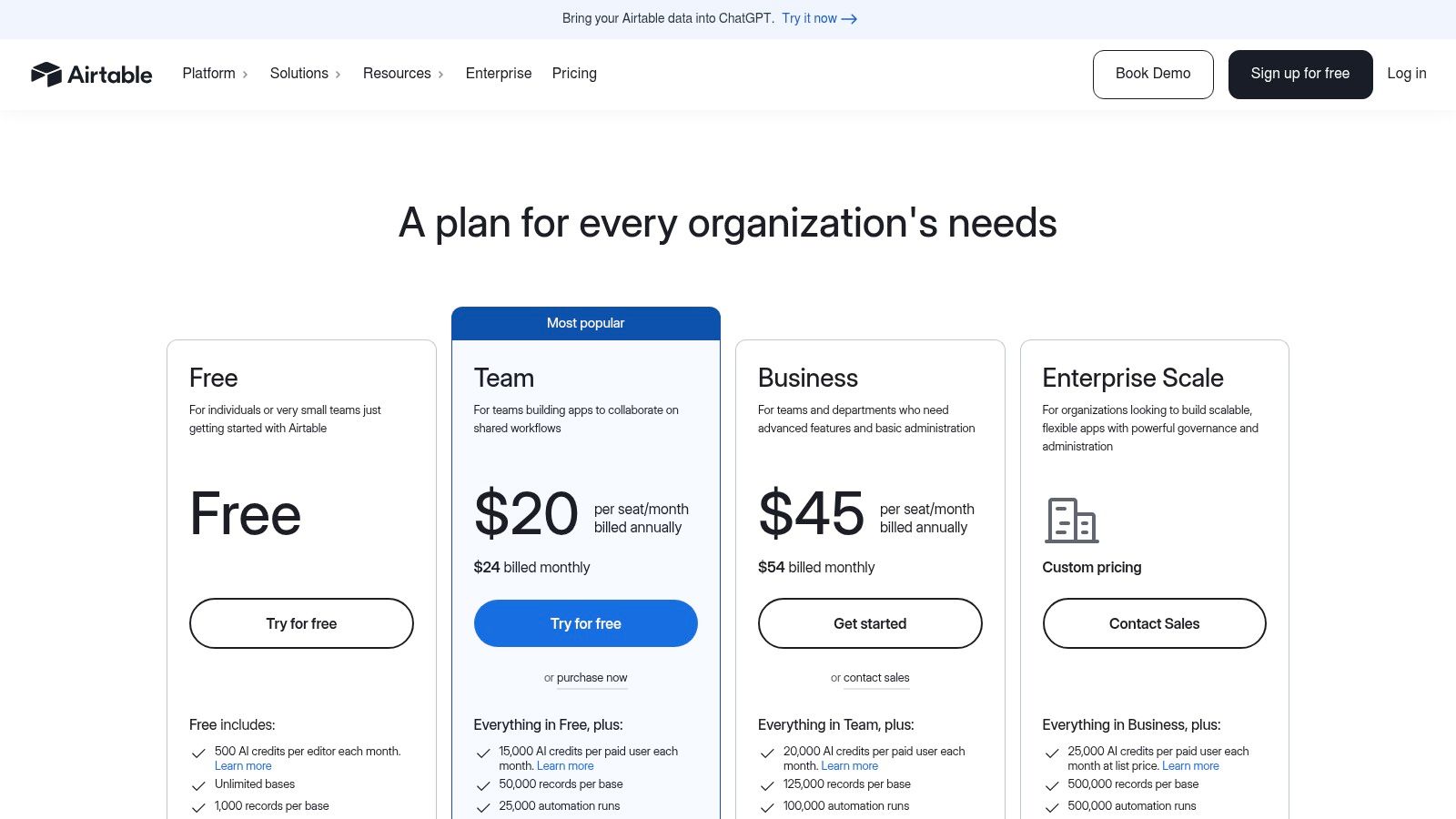 Airtable pricing plans showing free, team, business, and enterprise tiers