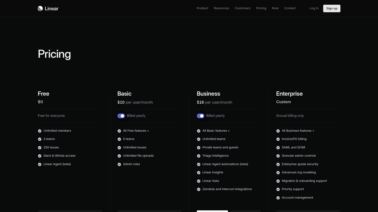 Linear pricing plans showing free, standard, plus, and enterprise tiers