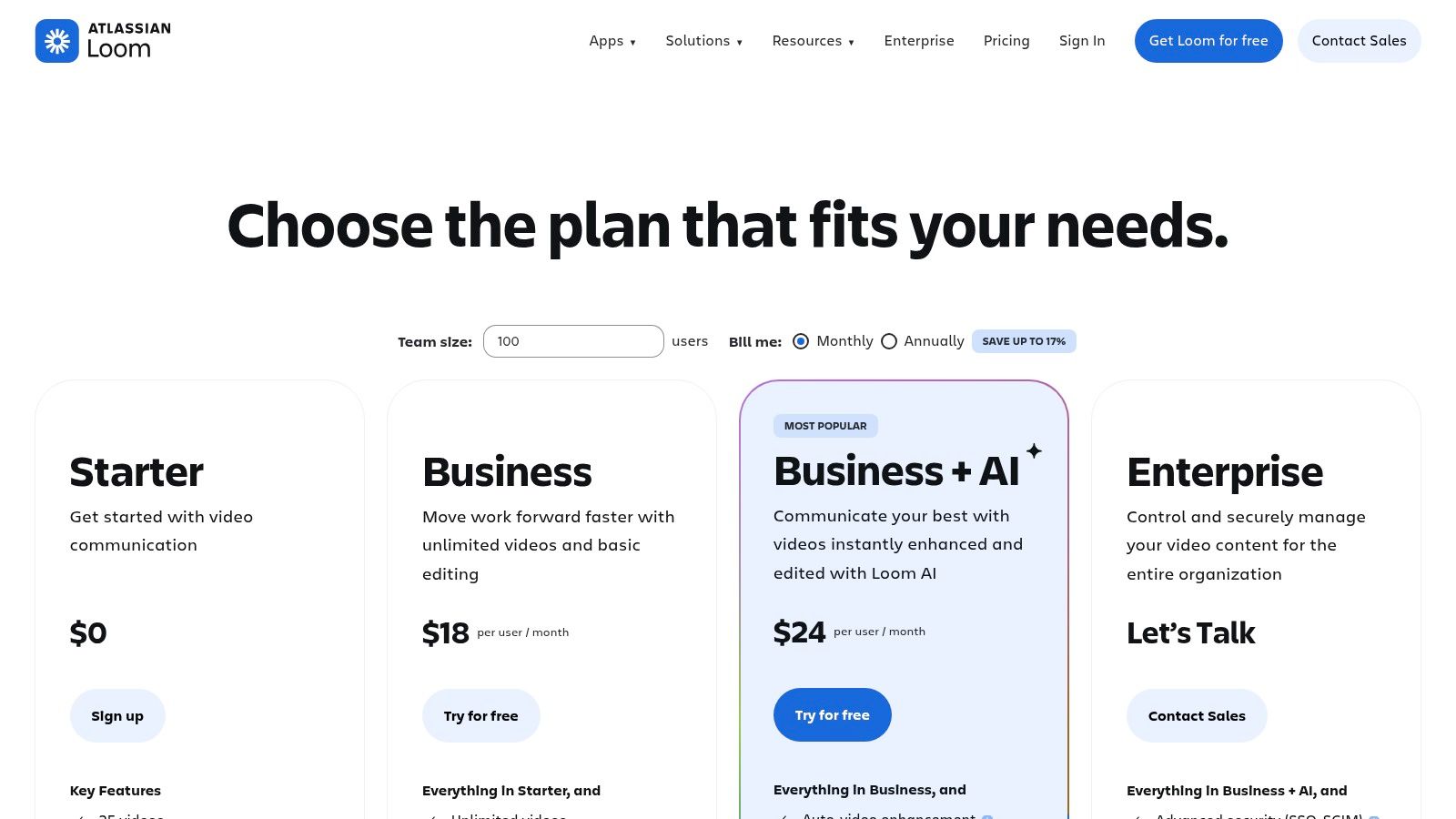 Loom pricing plans showing starter, business, and enterprise tiers