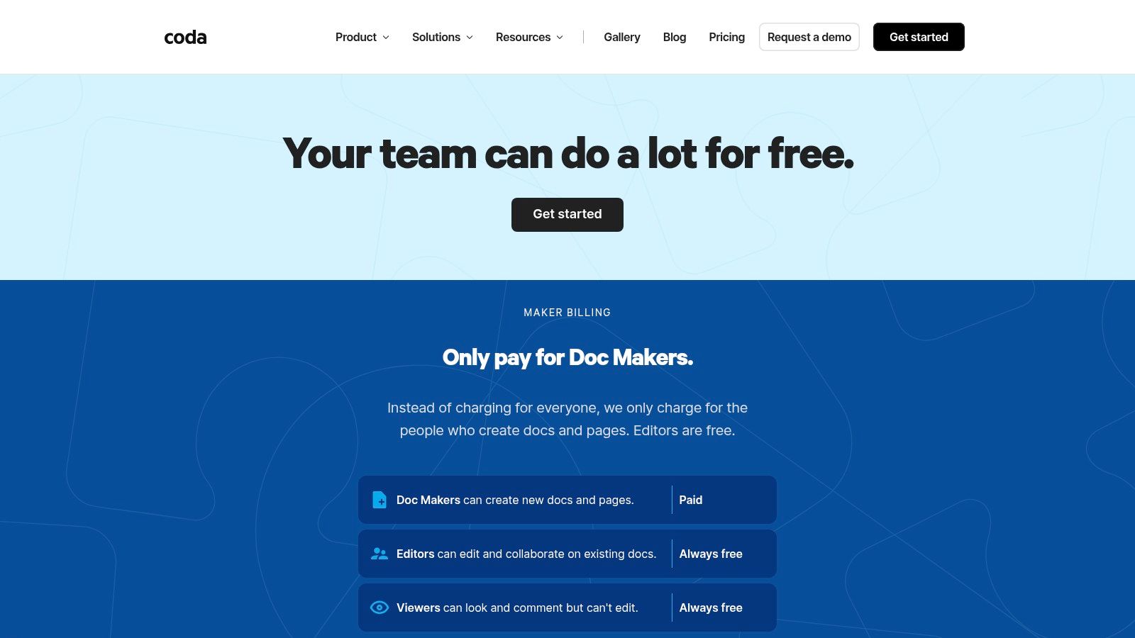 Coda pricing plans showing free, team, pro, and enterprise tiers
