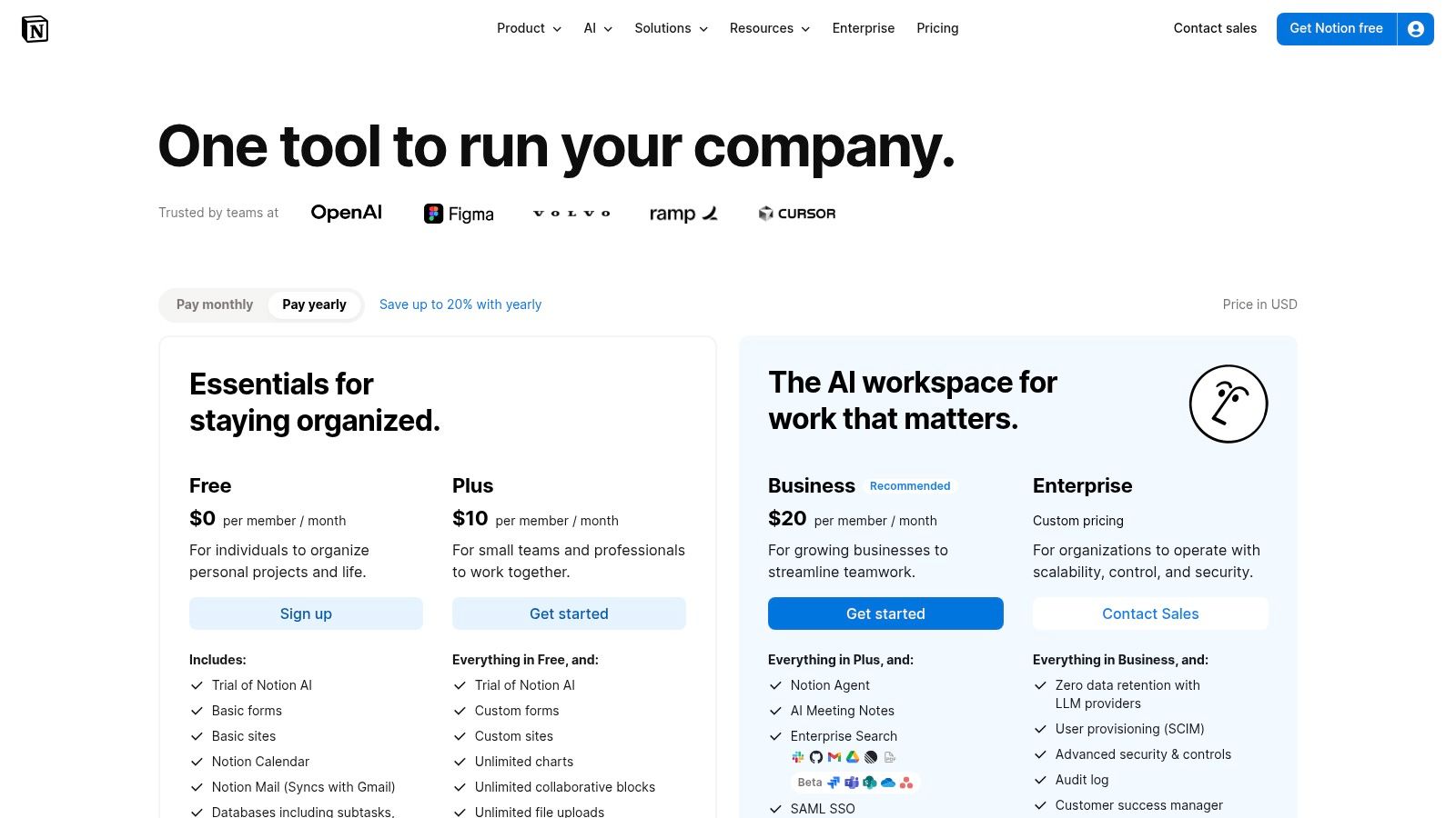 Notion pricing plans showing free, plus, business, and enterprise tiers