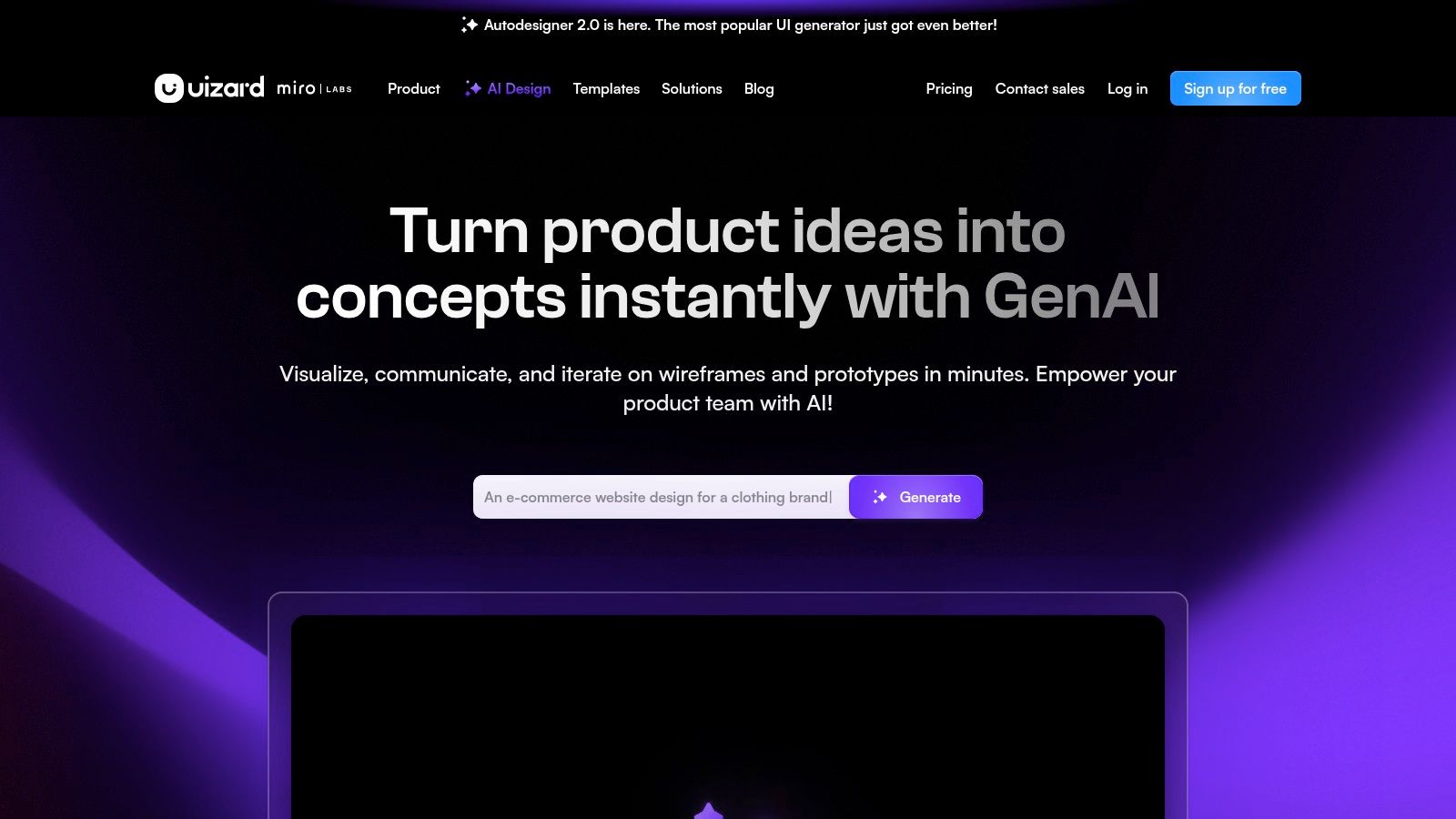 Uizard interface showing AI-generated wireframes and design components