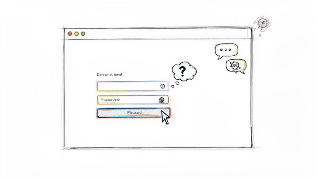 Hand-drawn sketch of a user interface with form fields, a 'Paused' button, and a mouse cursor.