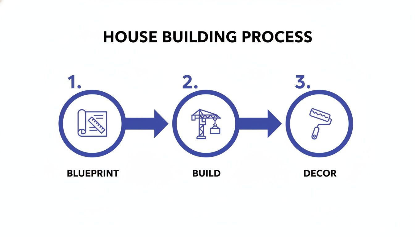 A flowchart illustrating the three-step house building process: blueprint, build, and decor, with corresponding icons.
