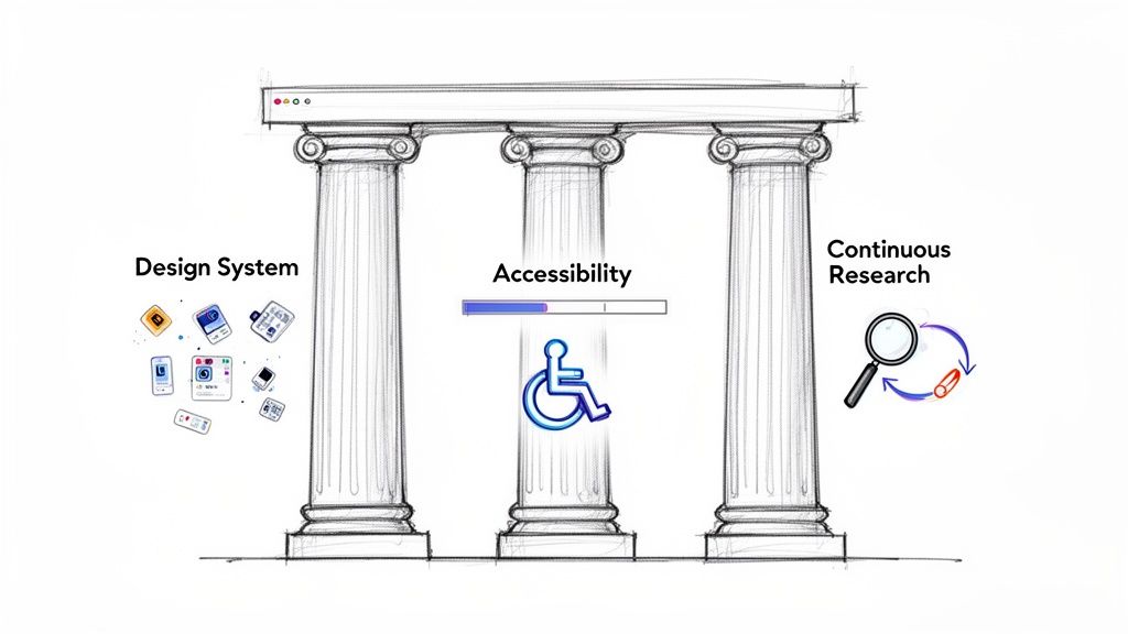 Three architectural pillars illustrate UI/UX design principles: Design System, Accessibility, and Continuous Research.