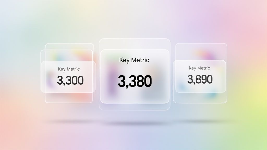 Three frosted glassmorphism cards displaying key metrics 3,300, 3,380, and 3,890 on a blurred colorful background.