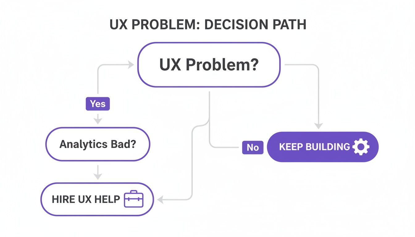 A flowchart outlining the decision path for UX problems, guiding users to either hire UX help or continue building.