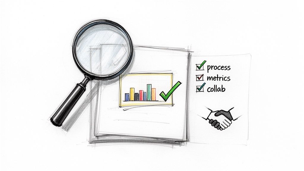 Hand-drawn sketch depicting a magnifying glass over a bar chart, a checklist, and a handshake.