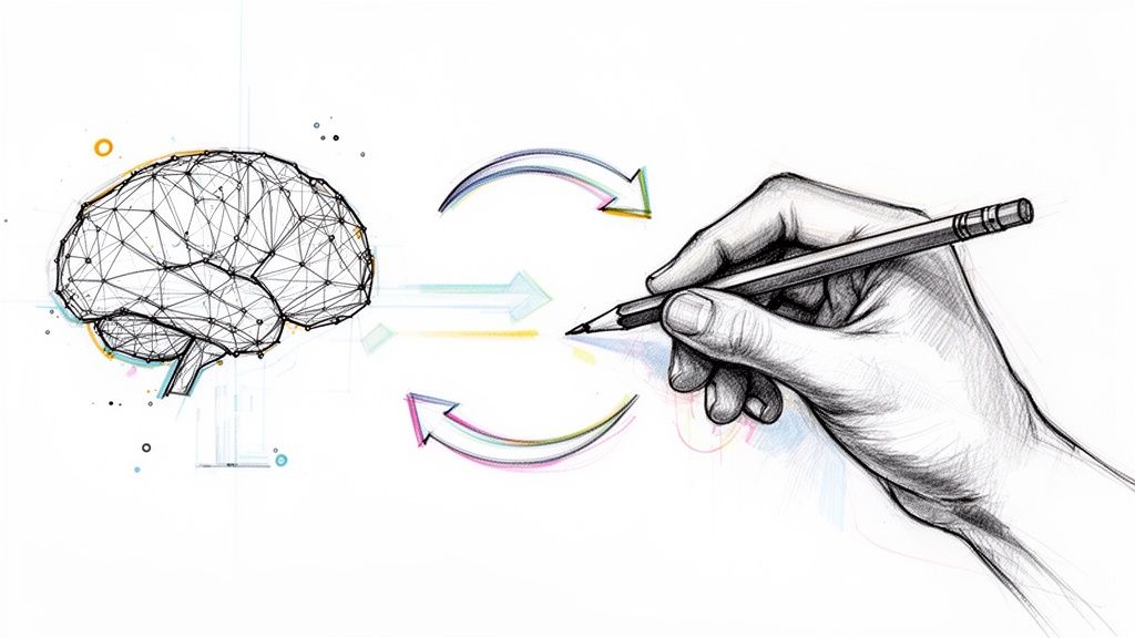 A digital brain connects to a hand drawing with a pencil via colorful arrows, representing creative design.