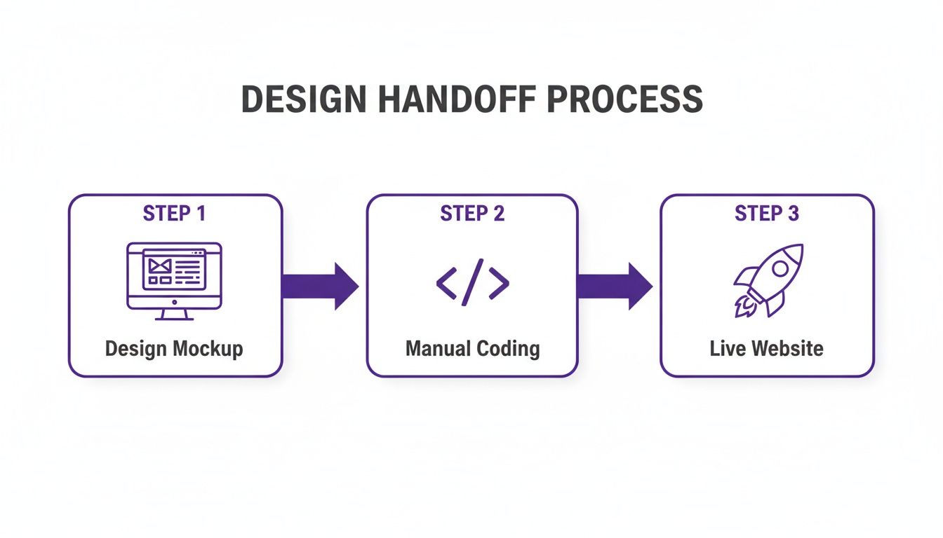 Visual representation of the design handoff process with three steps: design mockup, manual coding, and live website.