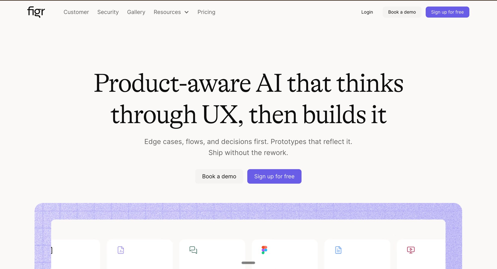 Homepage of Figr.ai promoting product-aware AI for UX building with call-to-action buttons.