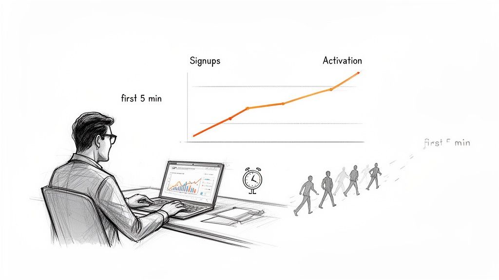 A man analyzes user signups and activation data on a laptop, focusing on the 'first 5 minutes'.