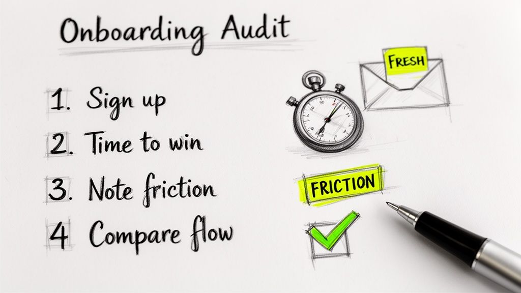 A handwritten checklist for an 'Onboarding Audit' process, including sign-up, friction, and flow steps, with related doodles.