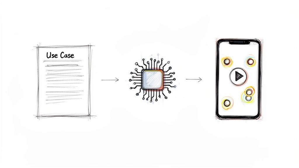 A sketch illustrating a 'Use Case' document, processed by a chip, resulting in an interactive smartphone app.