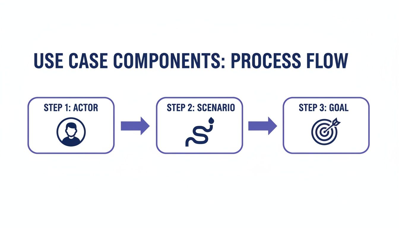 A use case process flow diagram showing three steps: Actor, Scenario, and Goal.