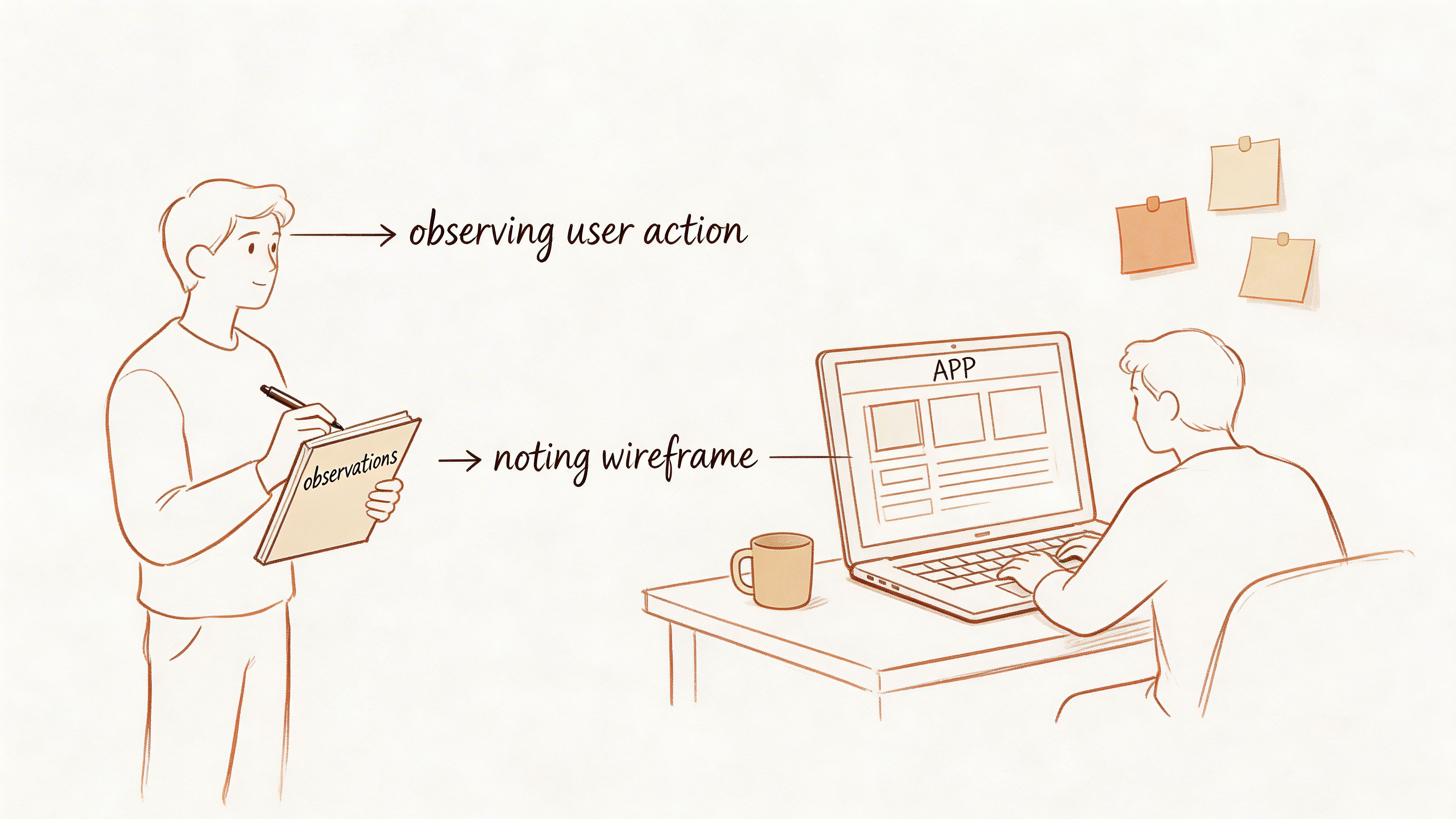 A researcher observing a user interacting with an application wireframe on a laptop and taking notes.