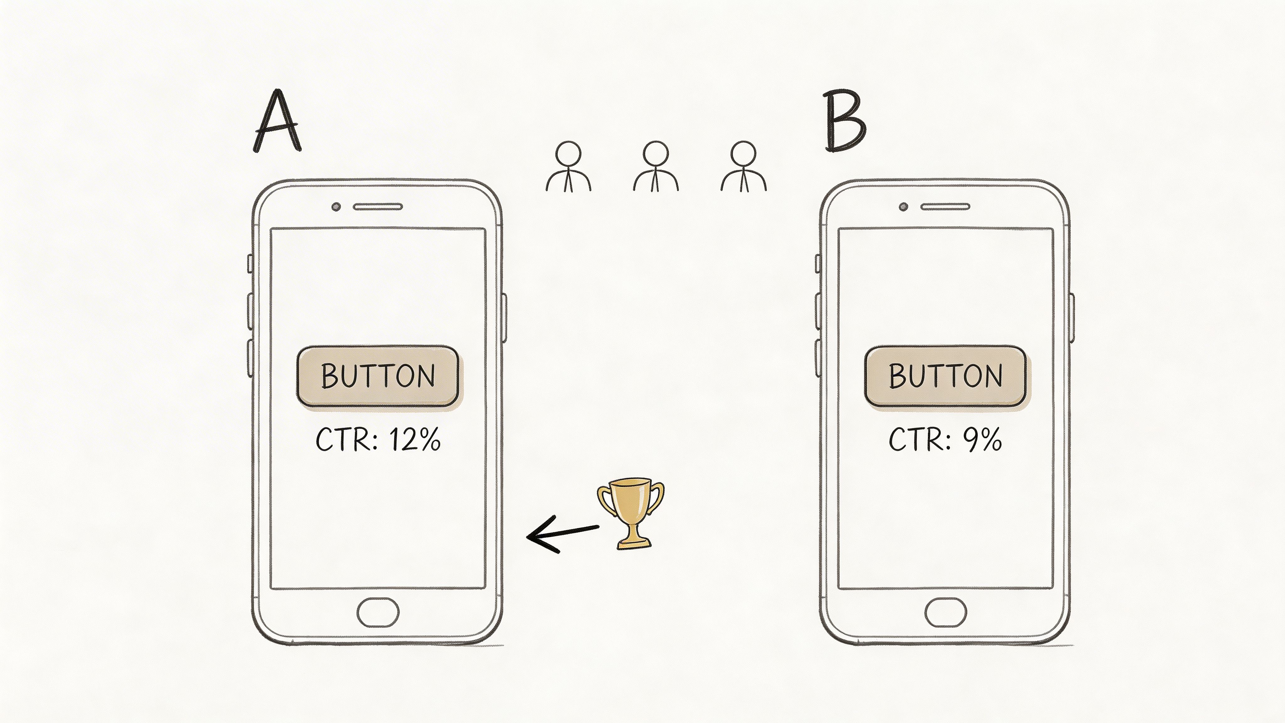 A hand-drawn illustration depicting A/B testing between two mobile phone interfaces comparing click-through rates.