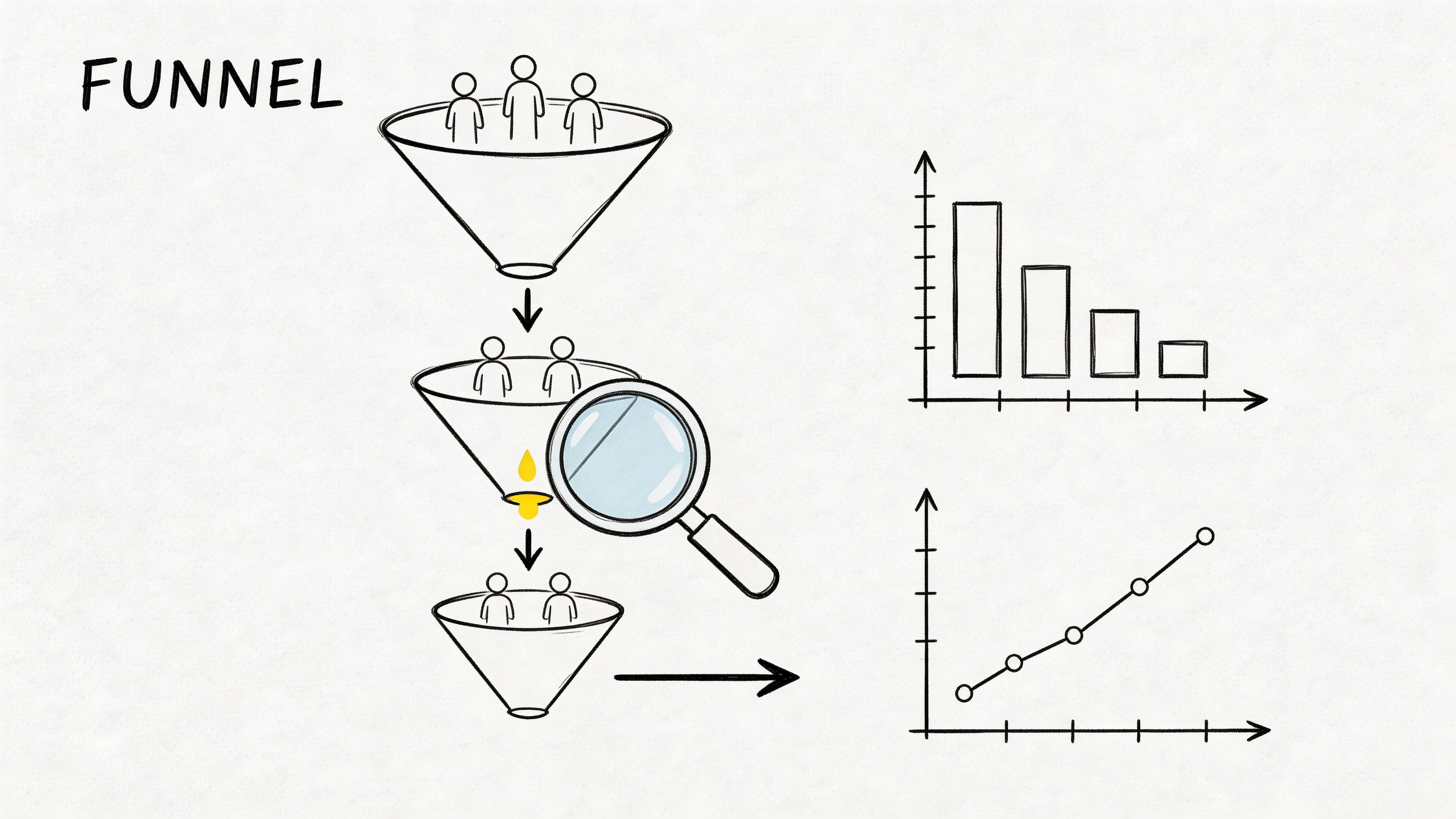 A hand-drawn illustration showing a business sales funnel process with filtering stages and corresponding data charts.