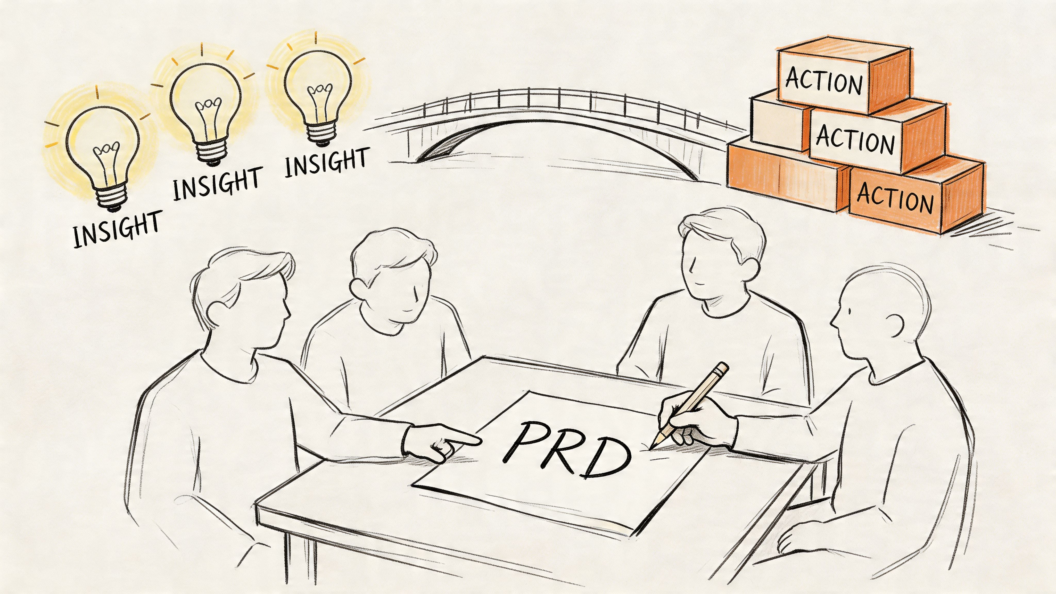 A group of people collaborating around a table to create a product requirements document or PRD.