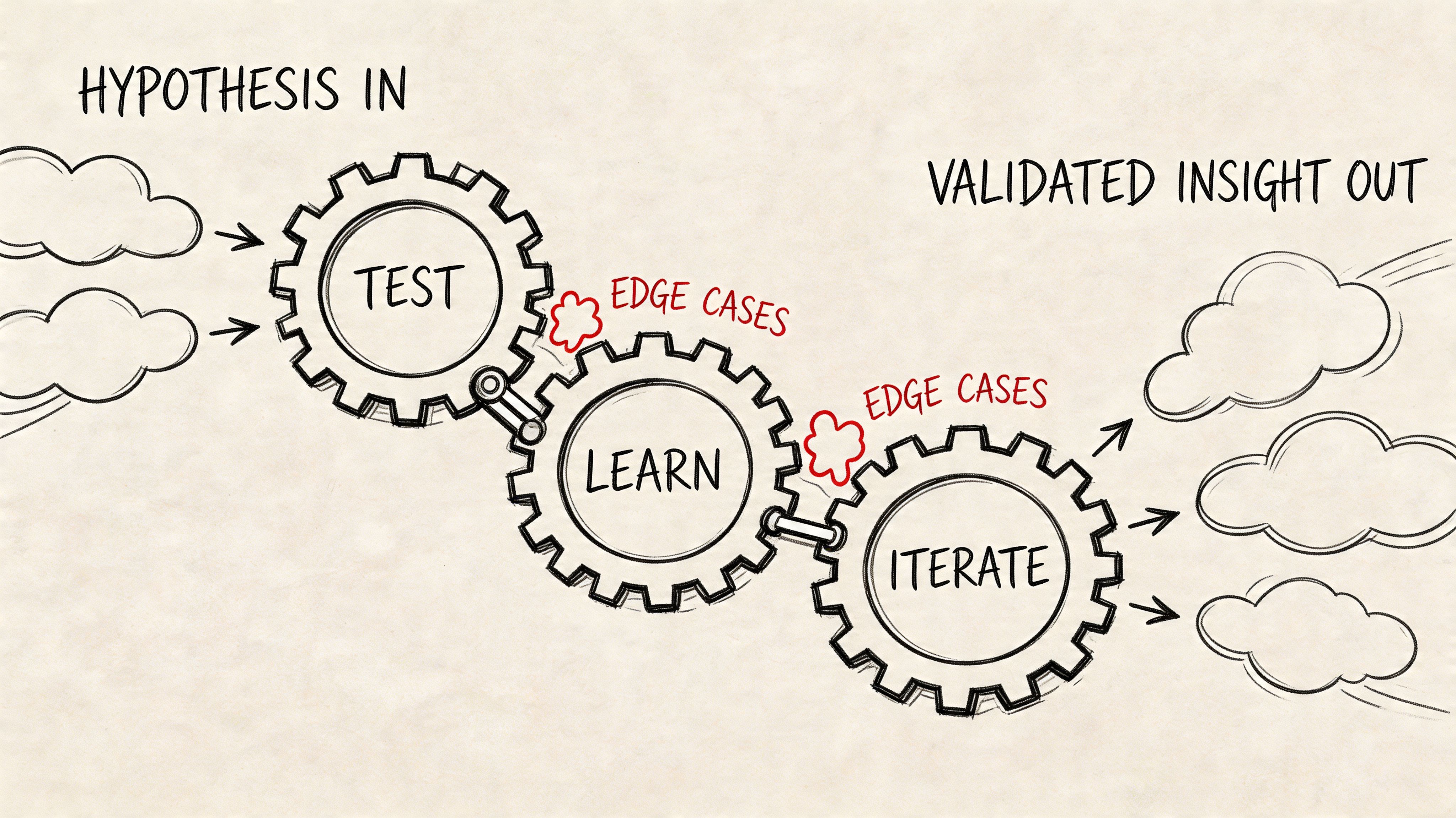 A hand-drawn illustration showing the iterative product development cycle with gears labeled test, learn, and iterate.